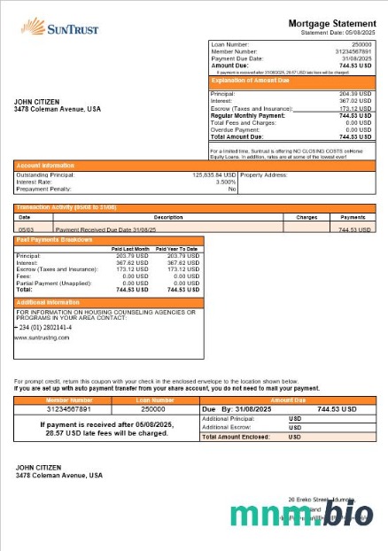 USA Suntrust Bank wyciąg z kredytu hipotecznego w formatach Word i PDF